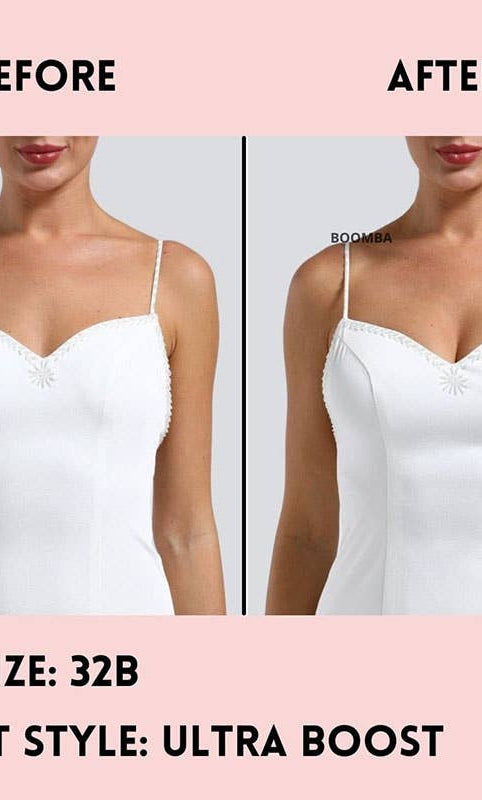 Before and after comparison of a white bra with BOOMba Ultra Boost insert on a plain background.