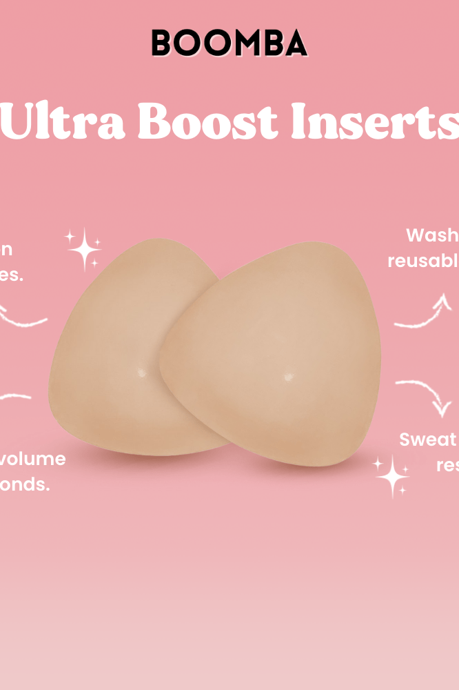 Boomba Ultra Boost Inserts on a pink background with features listed.