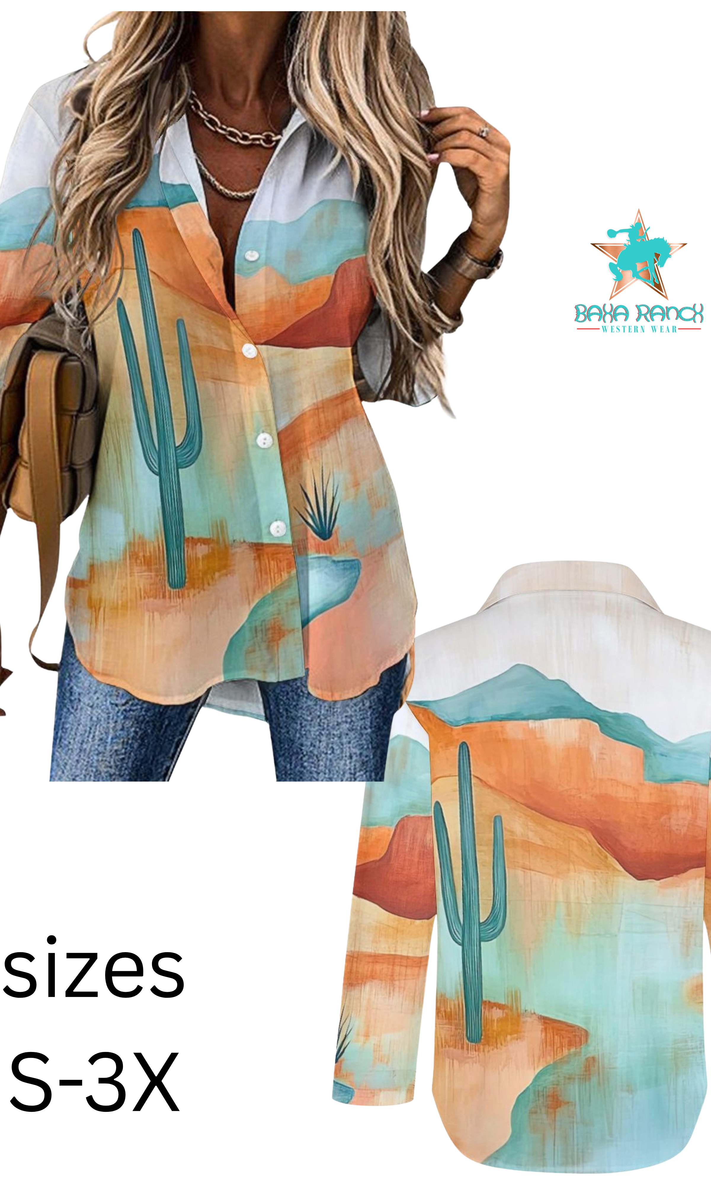 Woman wearing a colorful shirt with cactus design, Baka Ranch logo visible