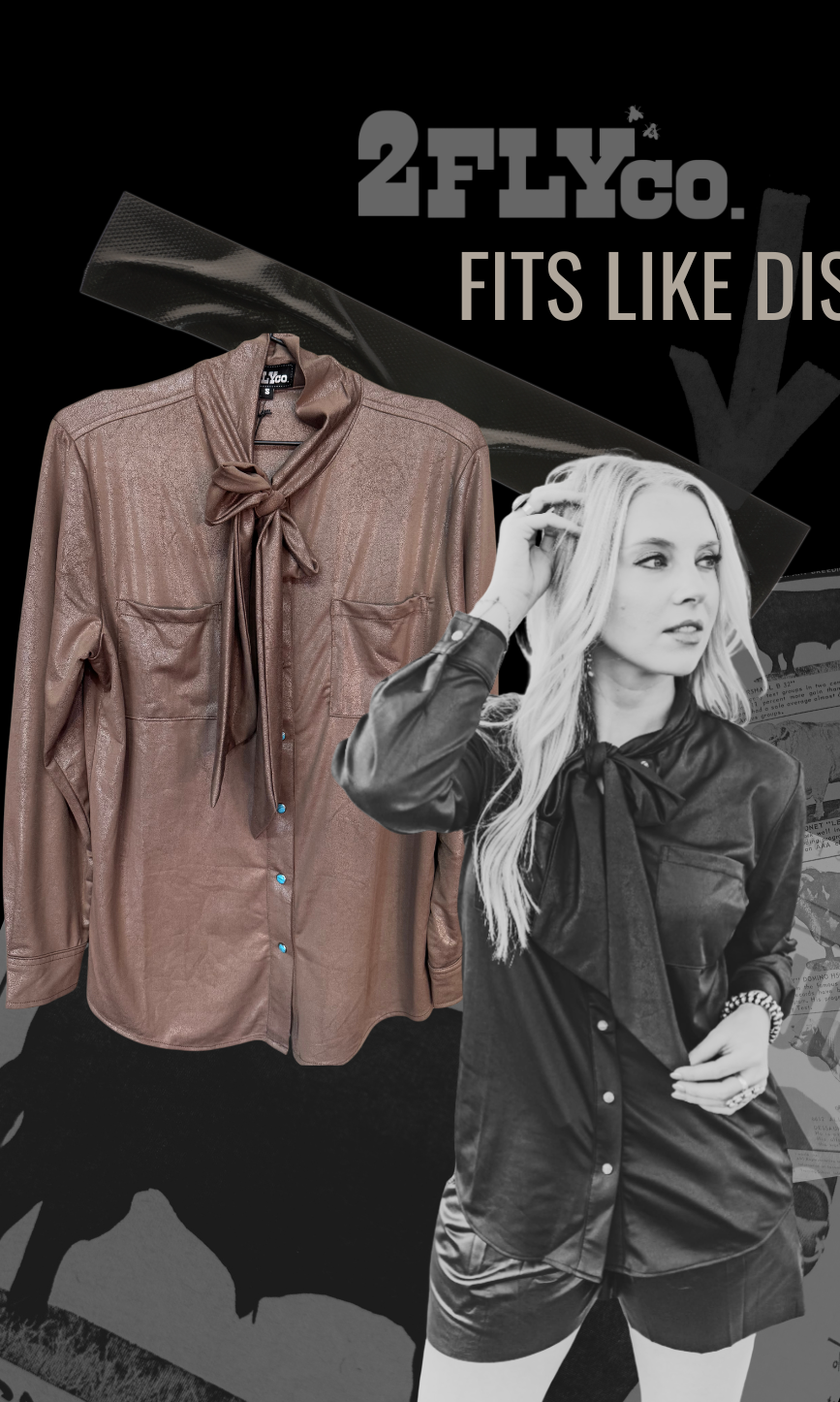 Woman wearing a brown blouse with a bow tie and text '2FLYco. Fits Like Dis' on a black background.