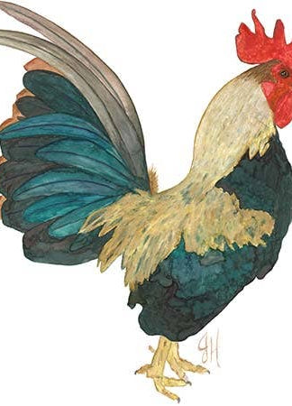 Colorful illustration of a rooster on a white tea towel.