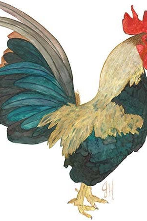 Colorful illustration of a rooster on a white tea towel.