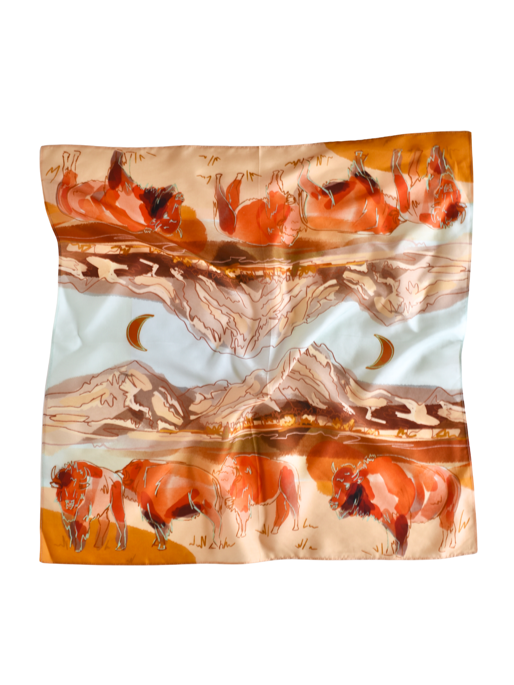 Silk scarf with a desert landscape and bison design on a white background