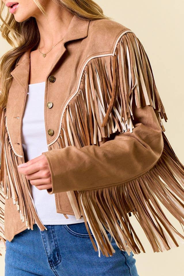 Tan fringe jacket worn by a person on a beige background