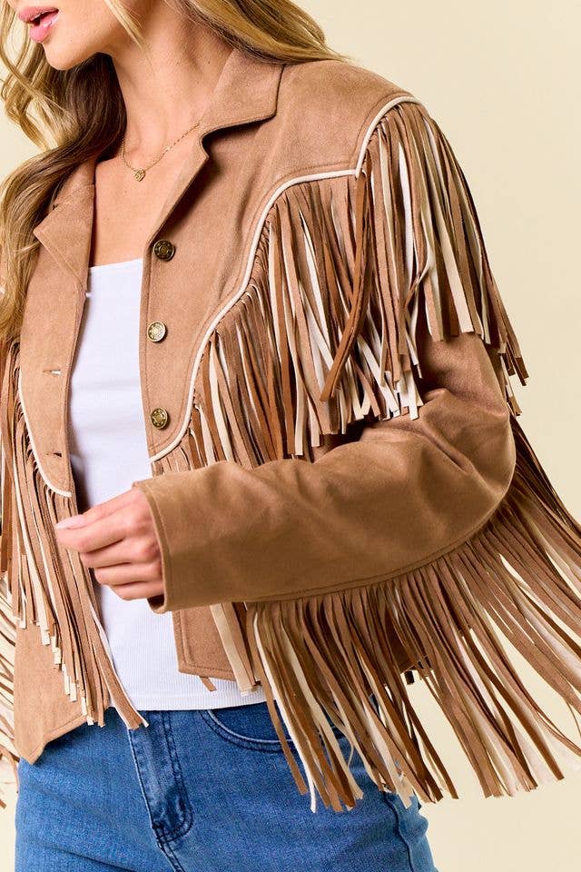 Tan fringe jacket worn by a person on a beige background