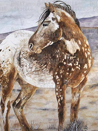 Image of a horse with a spotted coat in a landscape setting ona white tea towel.