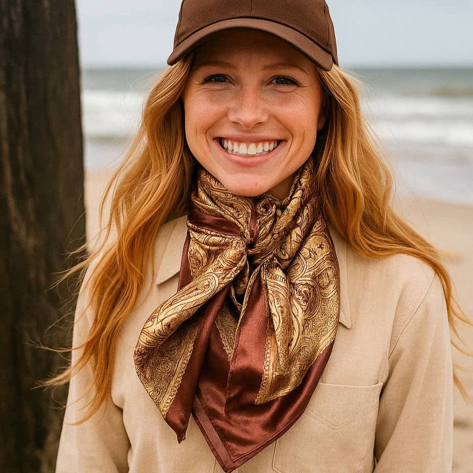 Woman wearing a brown cap and gold patterned scarf by a tree
