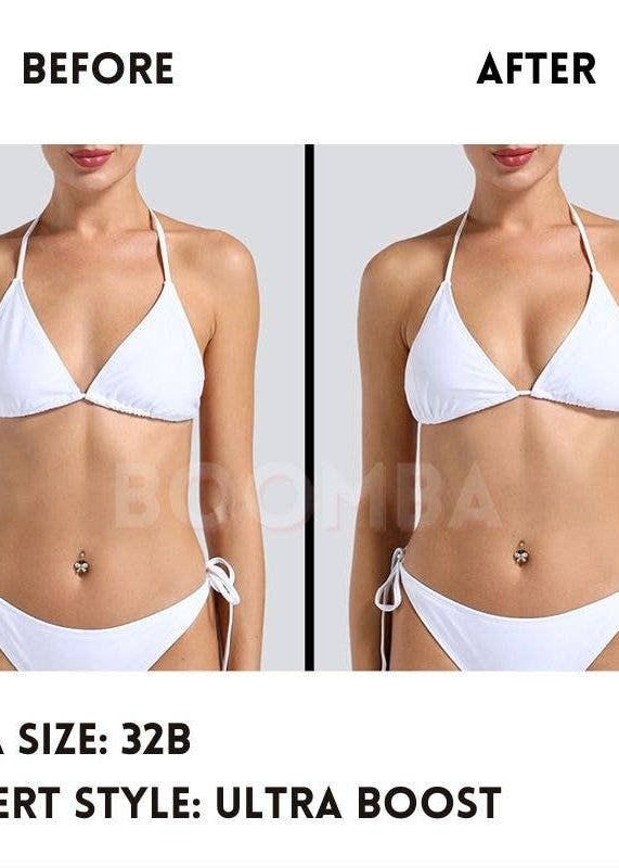 Before and after comparison of a person wearing a white bikini with text indicating bra size and insert style.