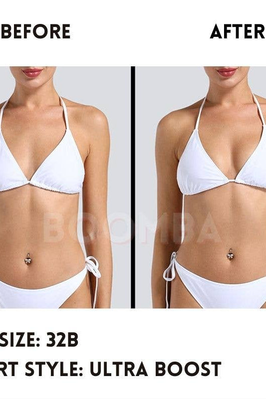 Before and after comparison of a person wearing a white bikini with text indicating bra size and insert style.