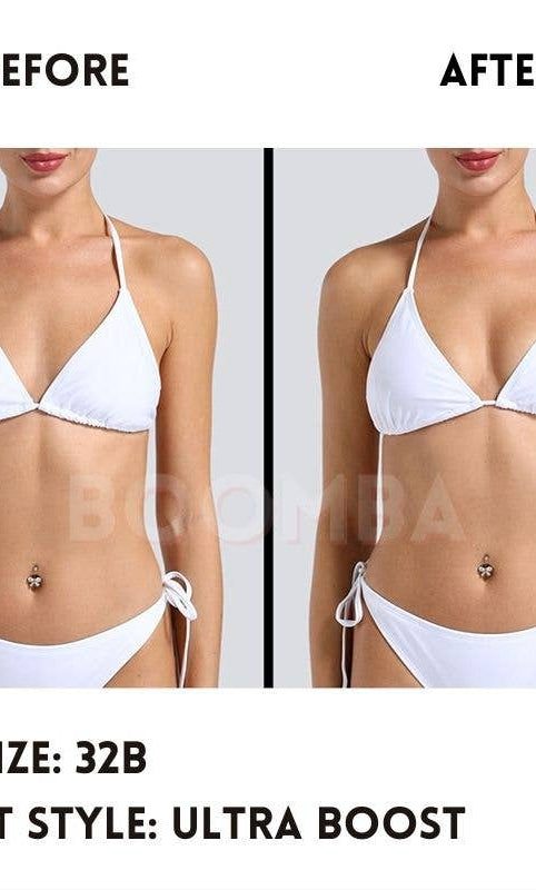 Before and after comparison of a person wearing a white bikini with text indicating bra size and insert style.