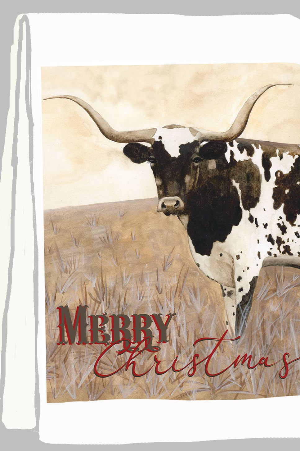 White Kitchen Towel with a longhorn cow and 'Merry Christmas' text on a beige background