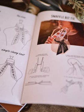 Open book with illustrations of tie knots and a photo of a person wearing a bow tie.