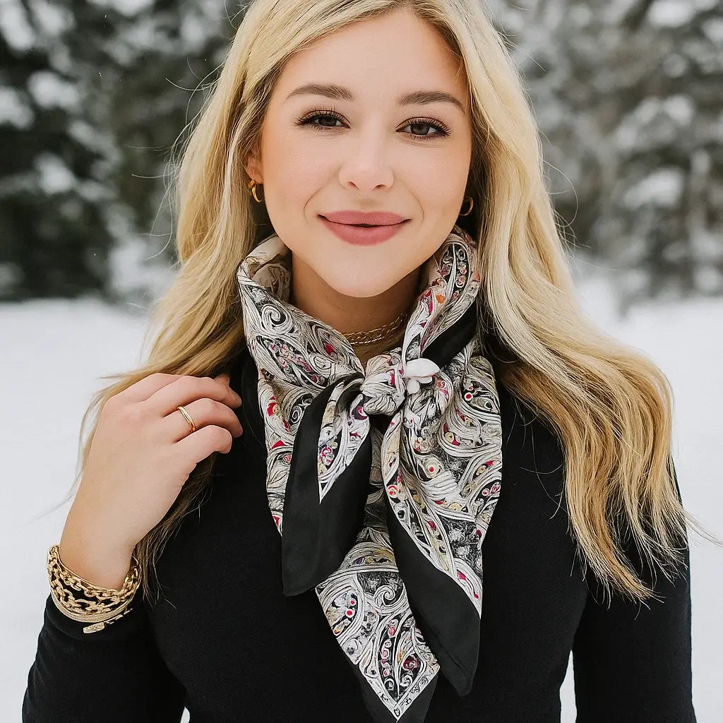 Woman wearing a patterned scarf in a snowy outdoor setting