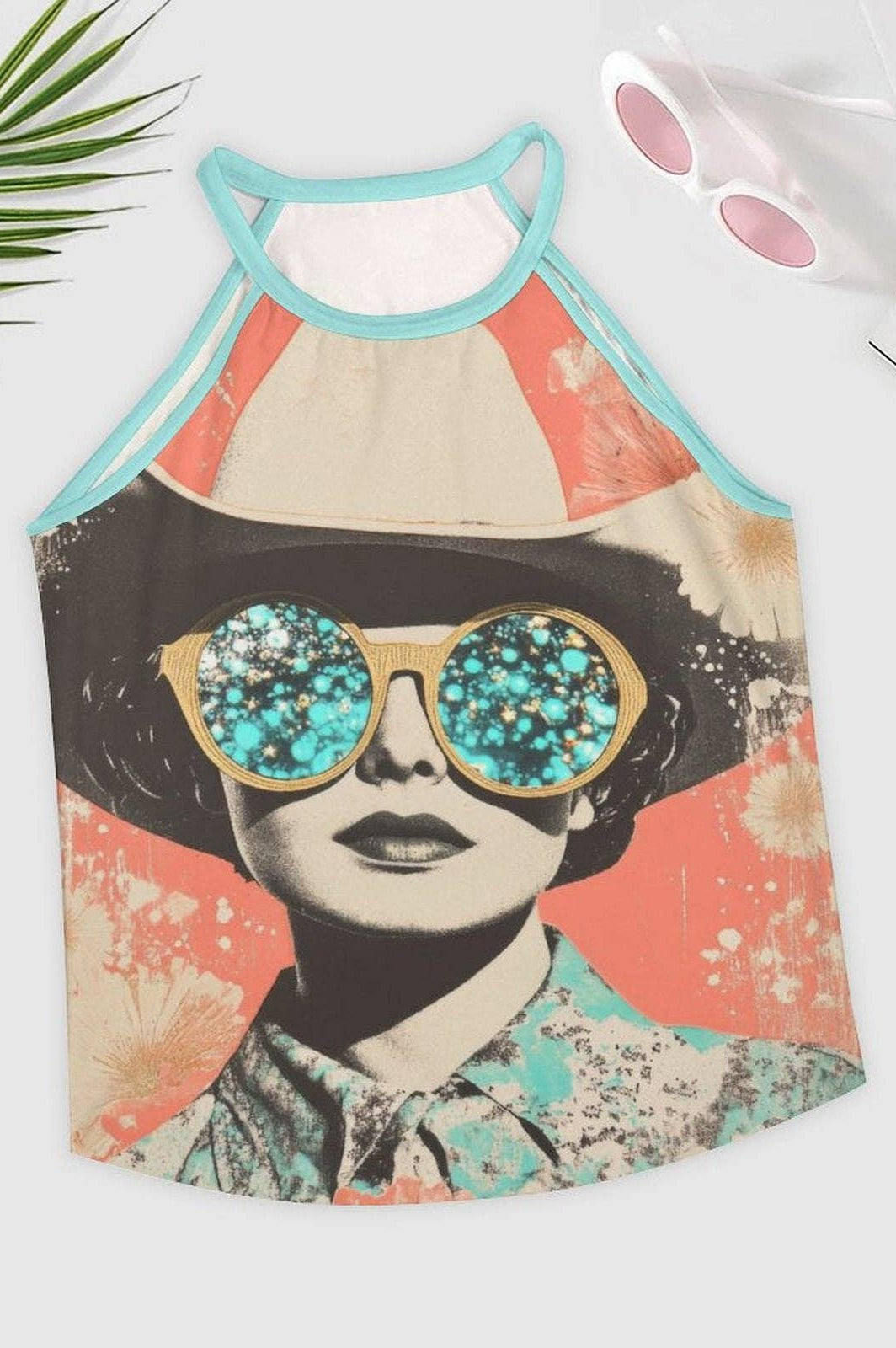 Tank top with a graphic design of a person wearing sunglasses and a hat on a white background.