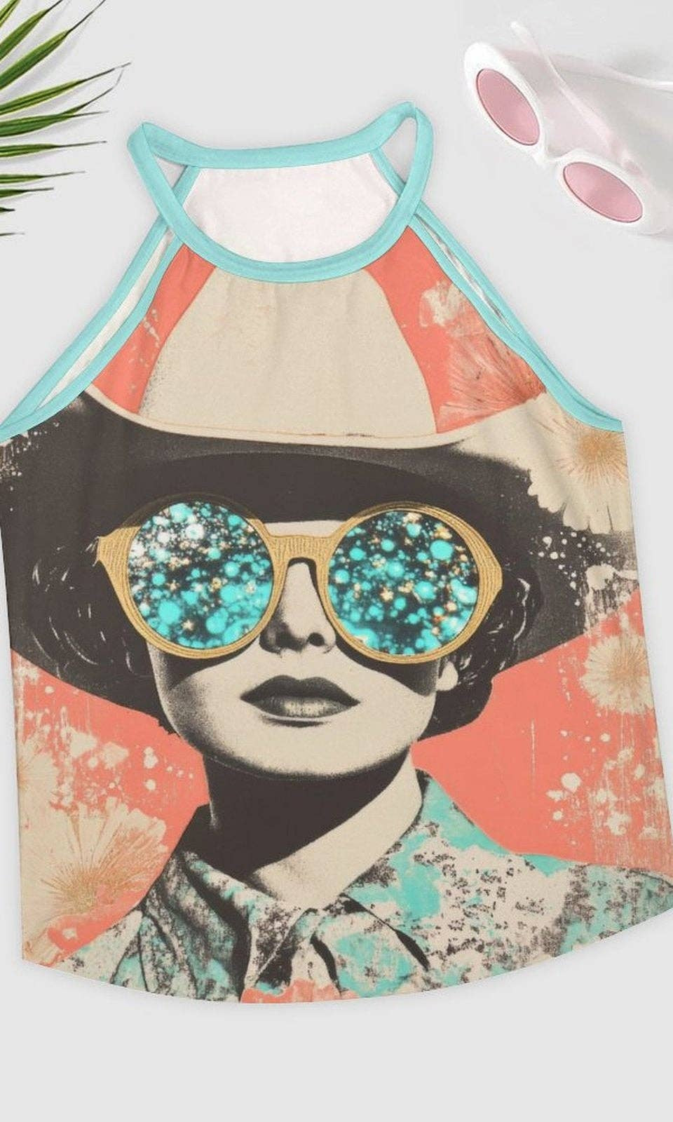 Tank top with a graphic design of a person wearing sunglasses and a hat on a white background.