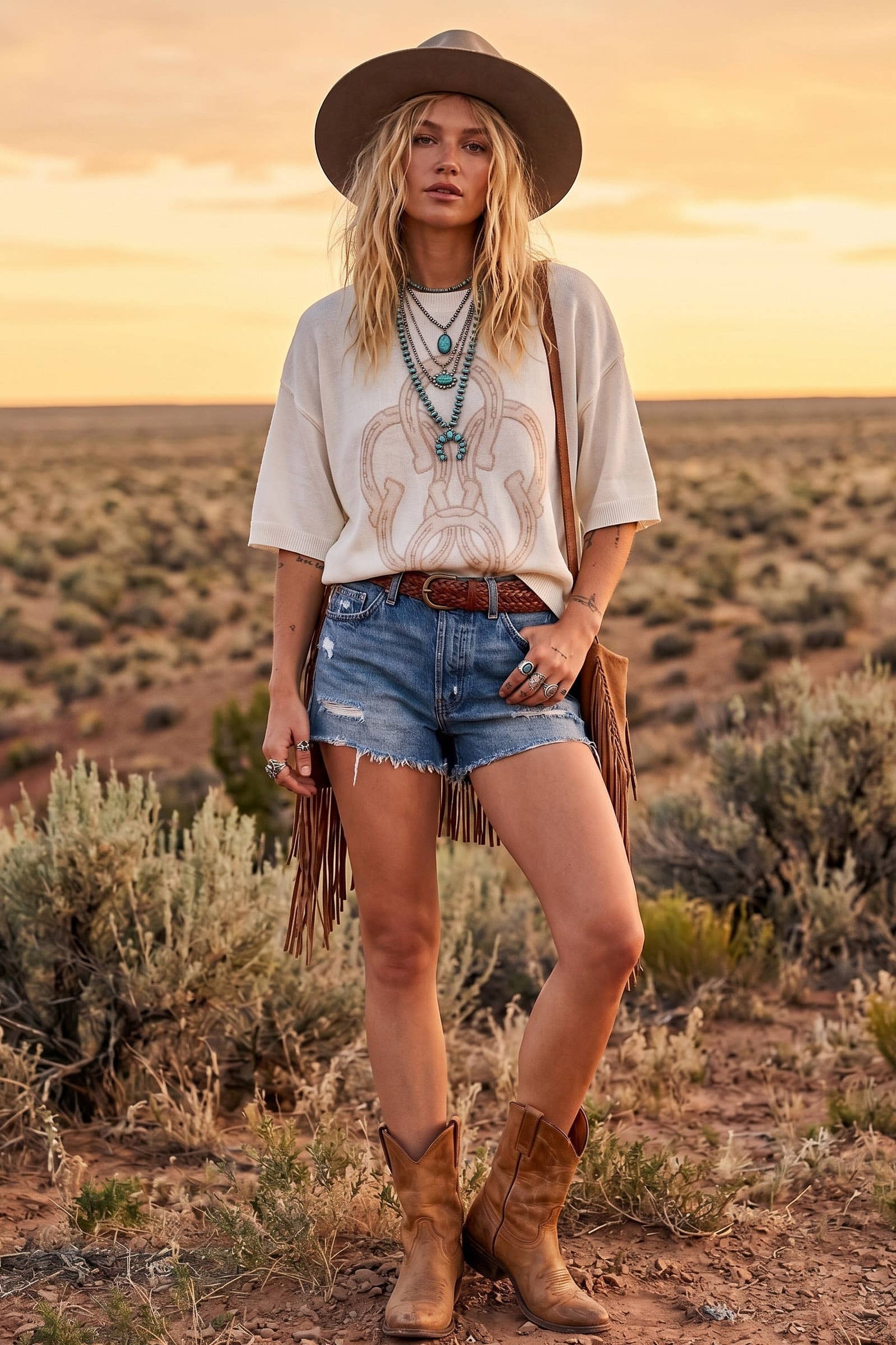 A woman stands in a desert landscape at sunset wearing a wide-brim brown hat, a cream graphic T-shirt, denim shorts, a brown fringe belt, layered turquoise necklaces, and brown cowboy boots.