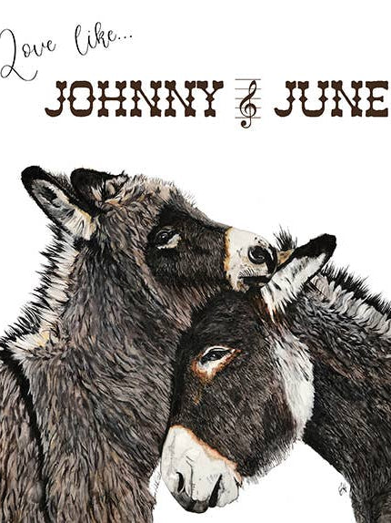 Two donkeys with text 'Love like Johnny & June' on a white background