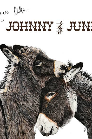 Two donkeys with text 'Love like Johnny & June' on a white background