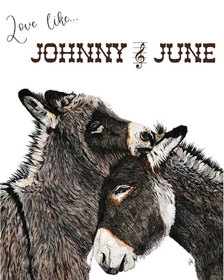 Two donkeys with text 'Love like Johnny & June' on a white background