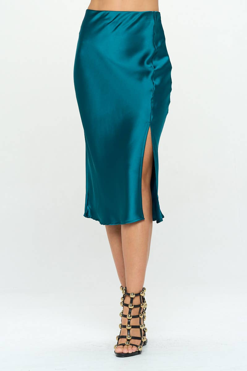 Hunter Green satin skirt with side slit