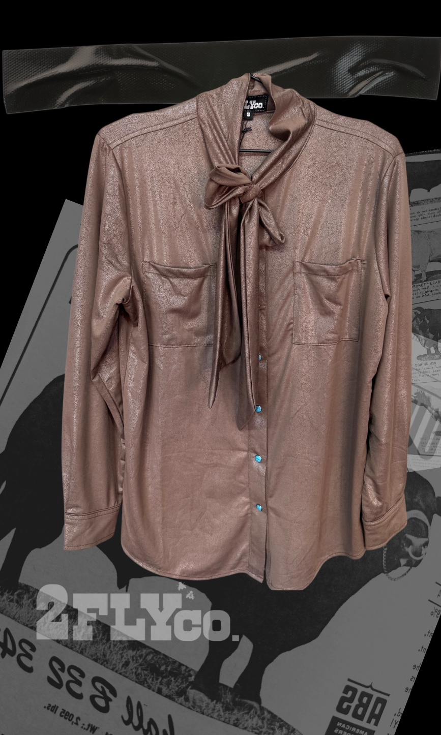 Brown shirt with a tie collar on a hanger against a blurred background