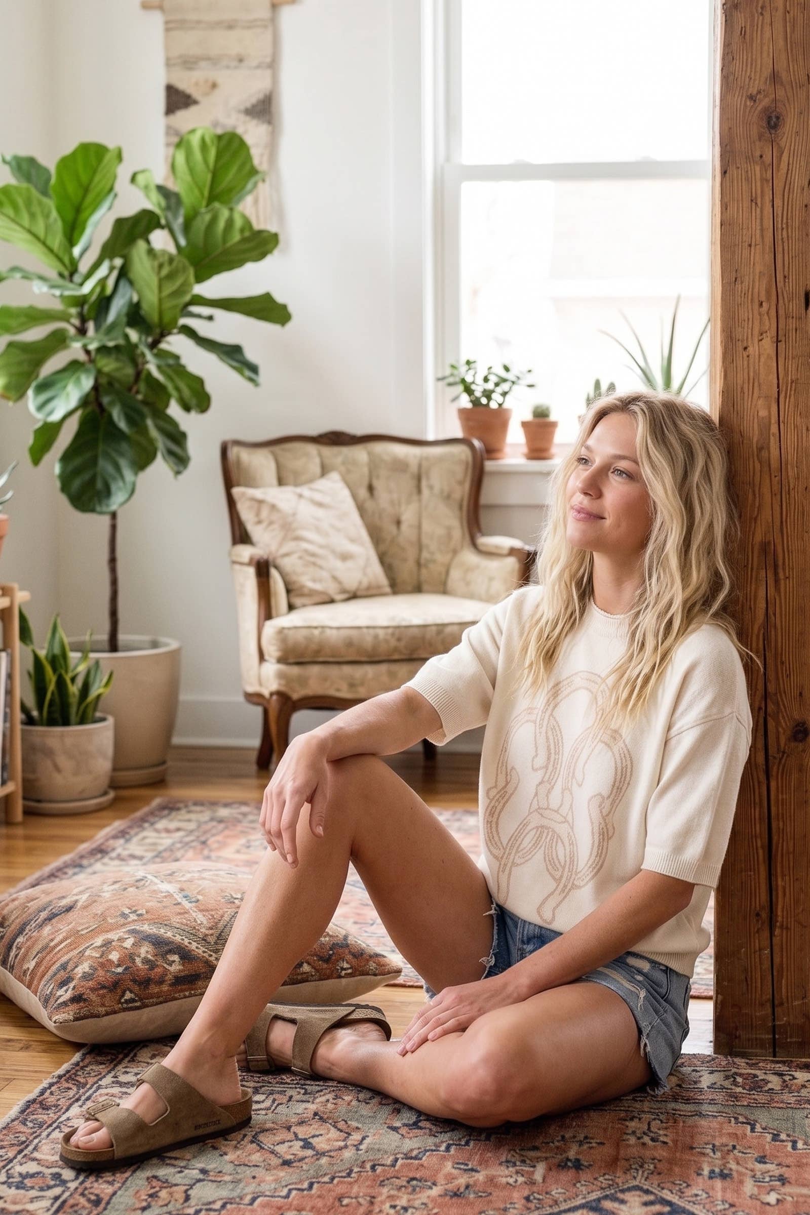 A woman sits on a patterned rug in a bright, cozy room, wearing a cream-colored t-shirt with a beige graphic print and denim shorts.