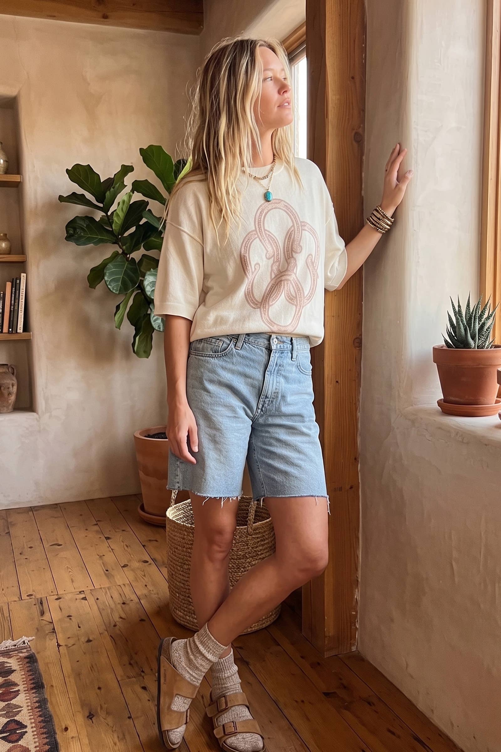 Woman standing in a room with wooden floor and plants, wearing a white t-shirt and denim shorts.