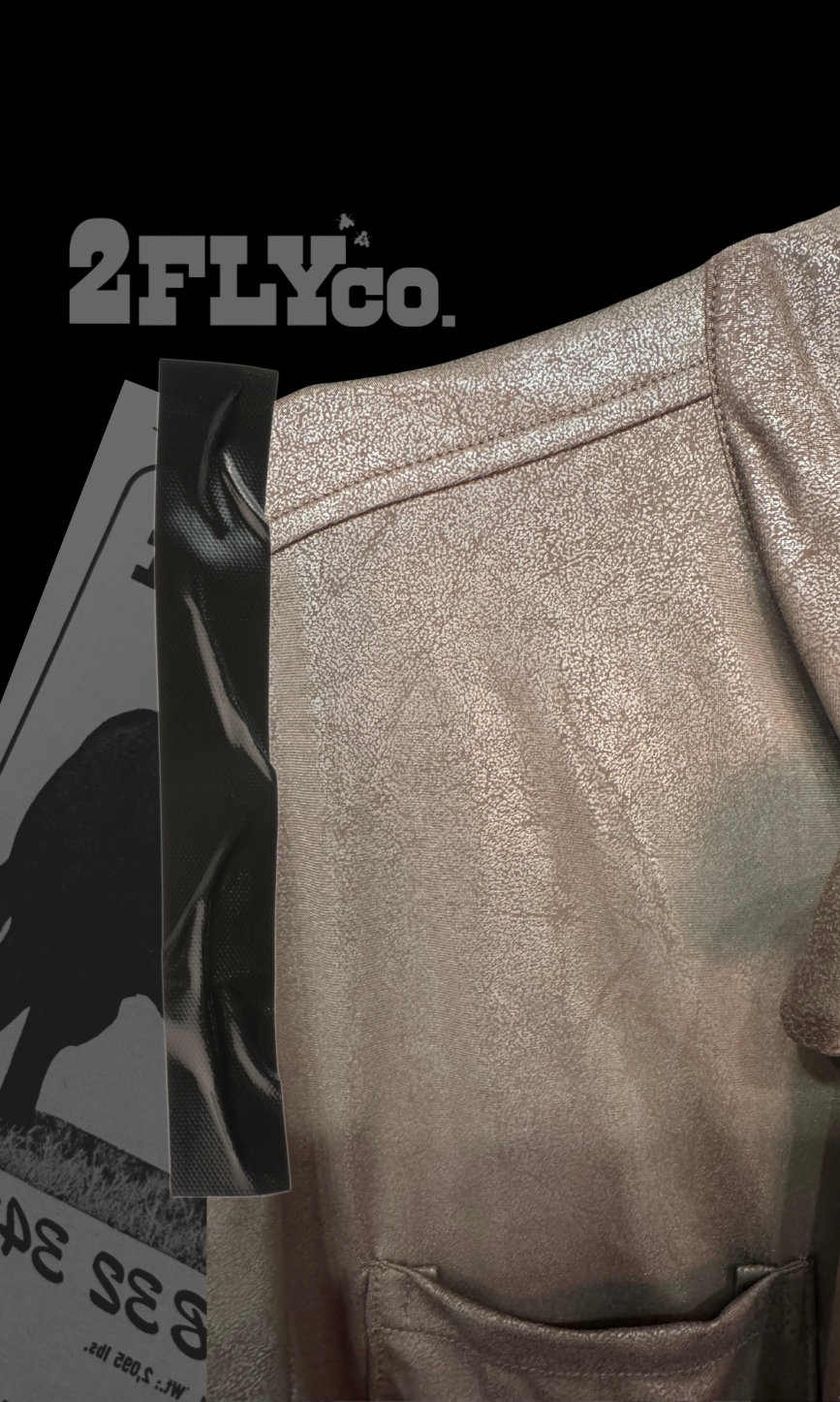 Brown faux leather up close view of fabric with a visible brand logo on a black background