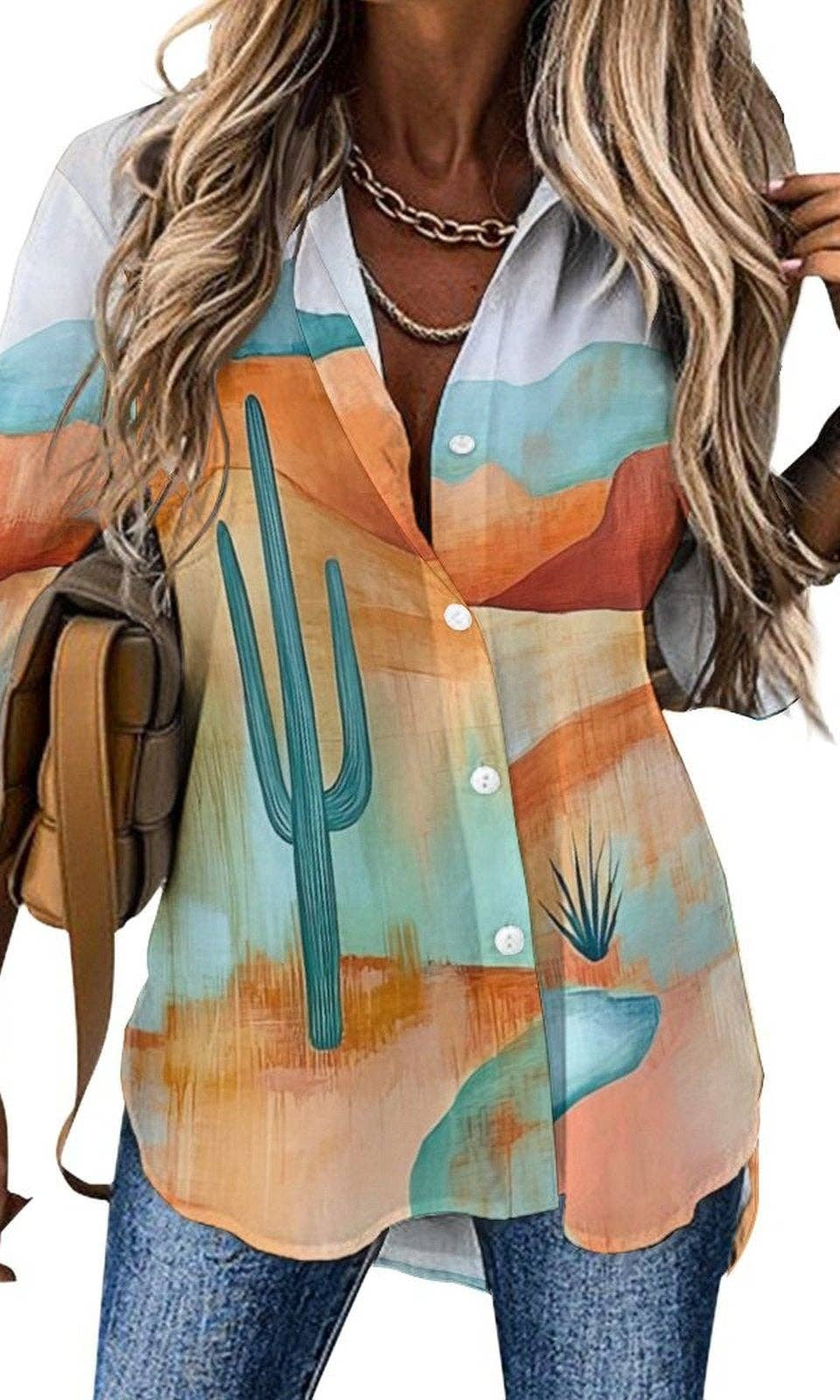 Woman wearing a colorful shirt with cactus design, holding a backpack.