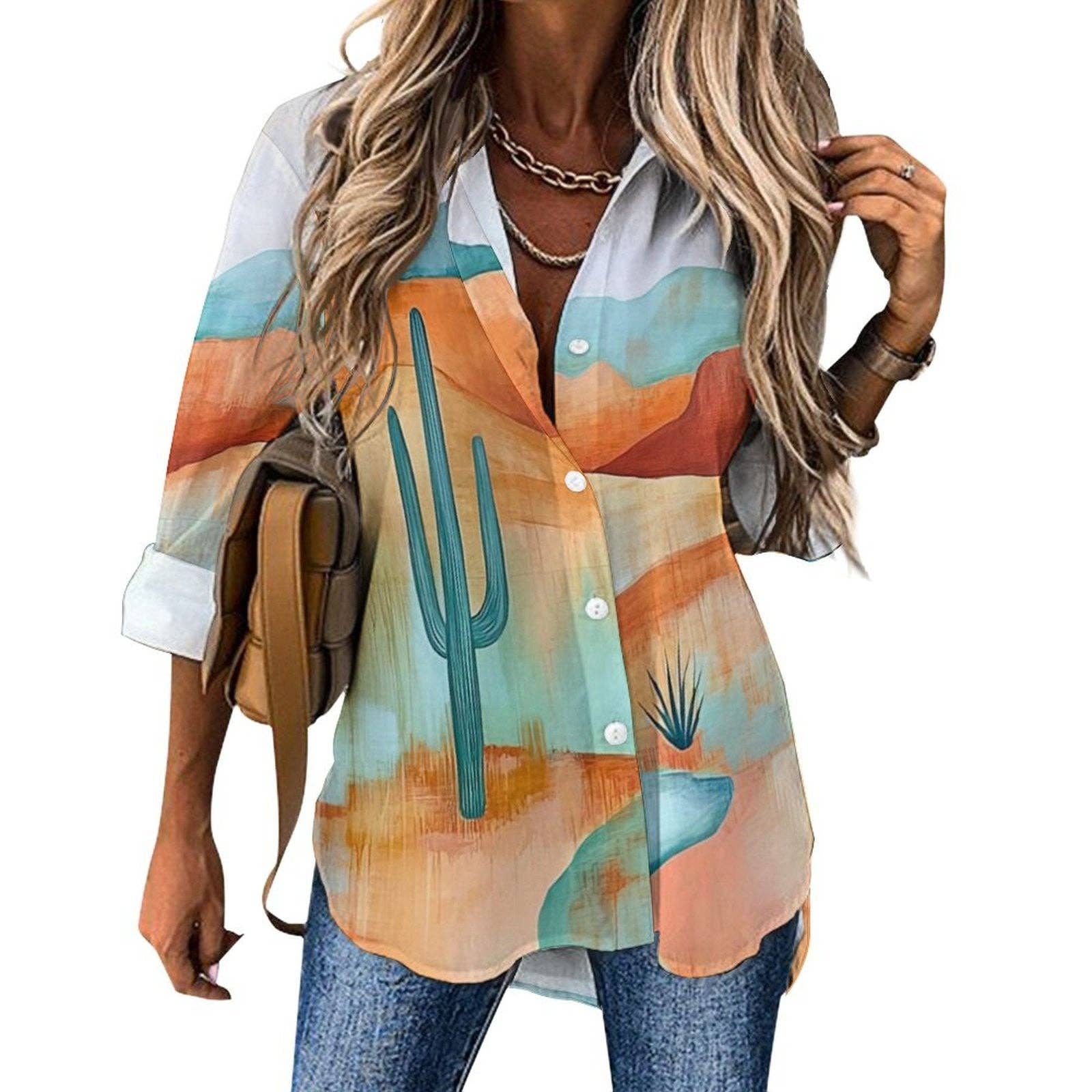 Woman wearing a colorful shirt with cactus design, holding a backpack.