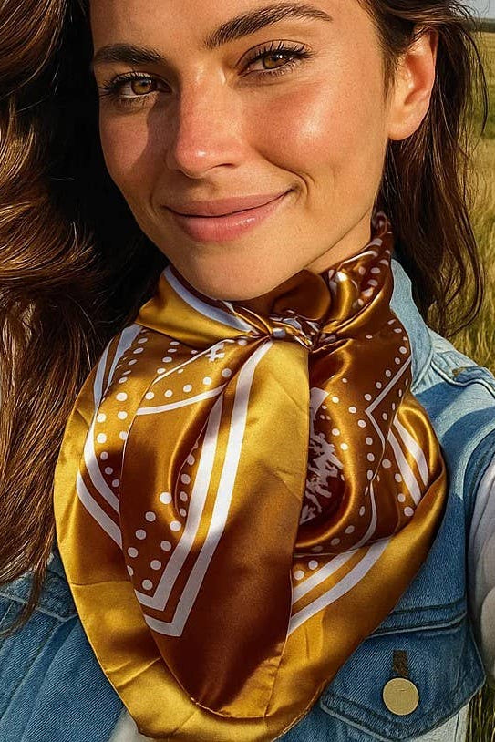 Woman wearing a patterned scarf in a field