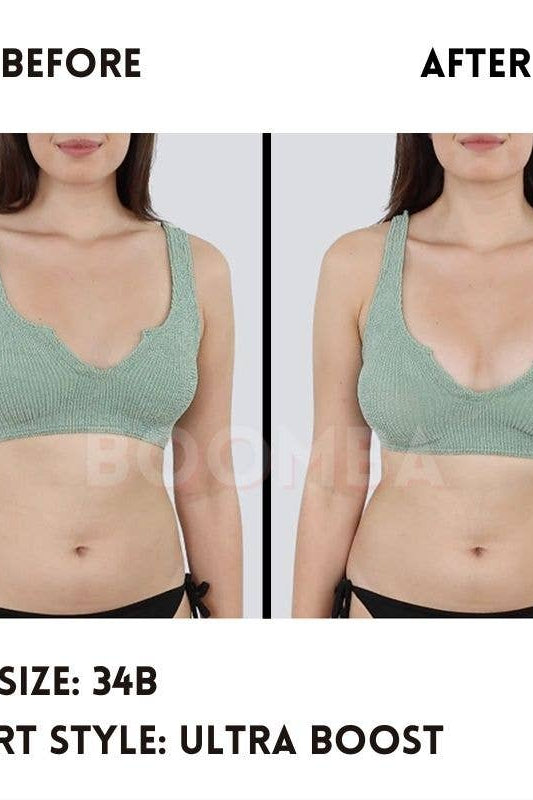Before and after comparison of a person wearing a green bra with text indicating bra size and insert style.