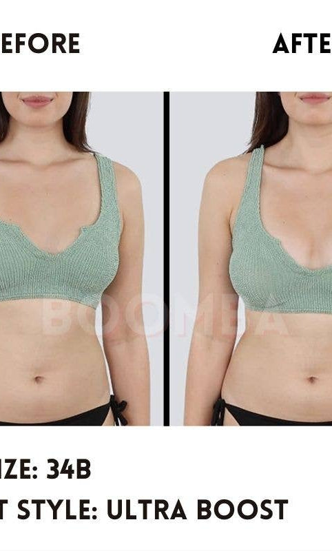 Before and after comparison of a person wearing a green bra with text indicating bra size and insert style.