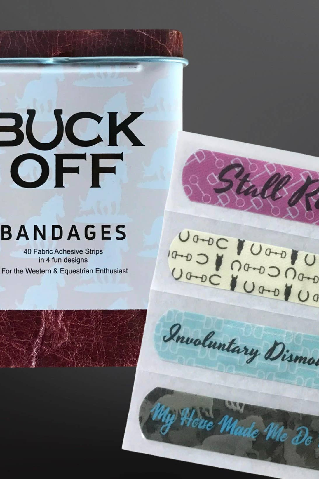 Buck Off bandages in a tin with humorous labels on a dark background