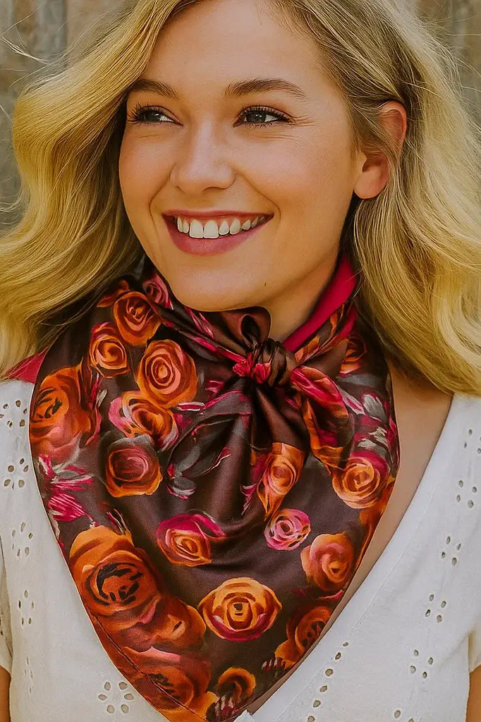 Woman wearing a floral scarf with a wooden background