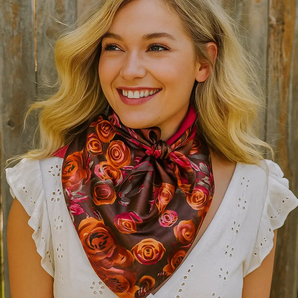 Woman wearing a floral scarf with a wooden background