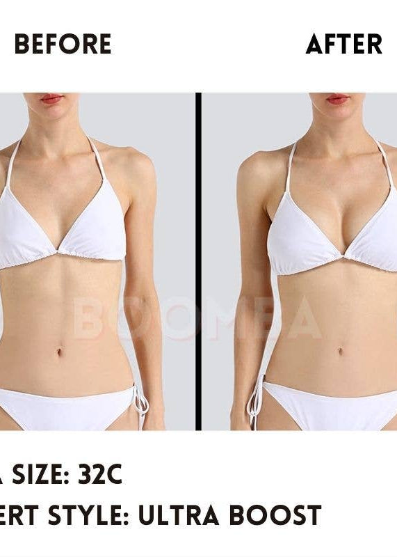 Before and after comparison of a person wearing a white bikini with text indicating bra size and insert style.
