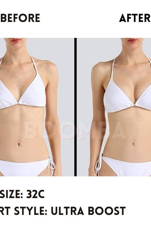 Before and after comparison of a person wearing a white bikini with text indicating bra size and insert style.