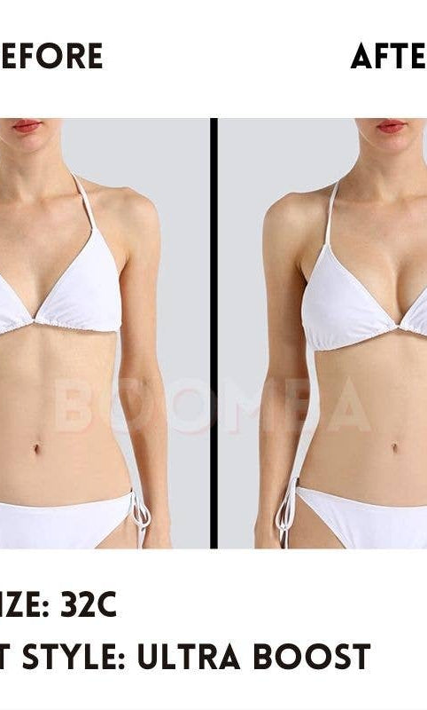 Before and after comparison of a person wearing a white bikini with text indicating bra size and insert style.