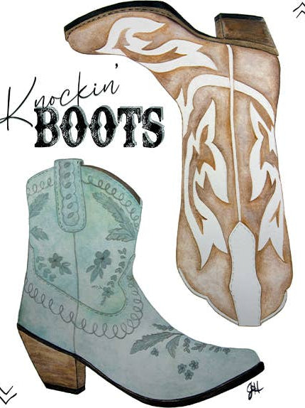 Illustration of two cowboy boots with decorative patterns and the text 'Knockin' Boots' on a kitchen towel.