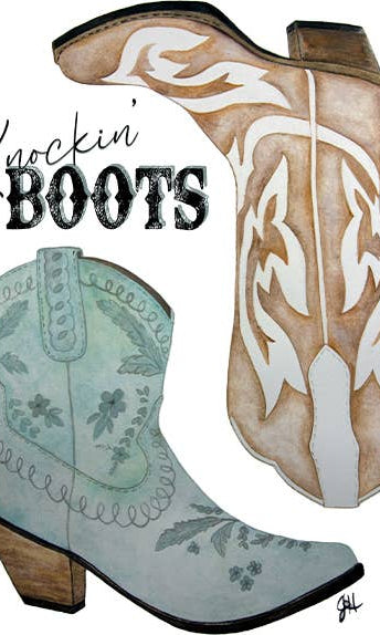 Illustration of two cowboy boots with decorative patterns and the text 'Knockin' Boots' on a kitchen towel.