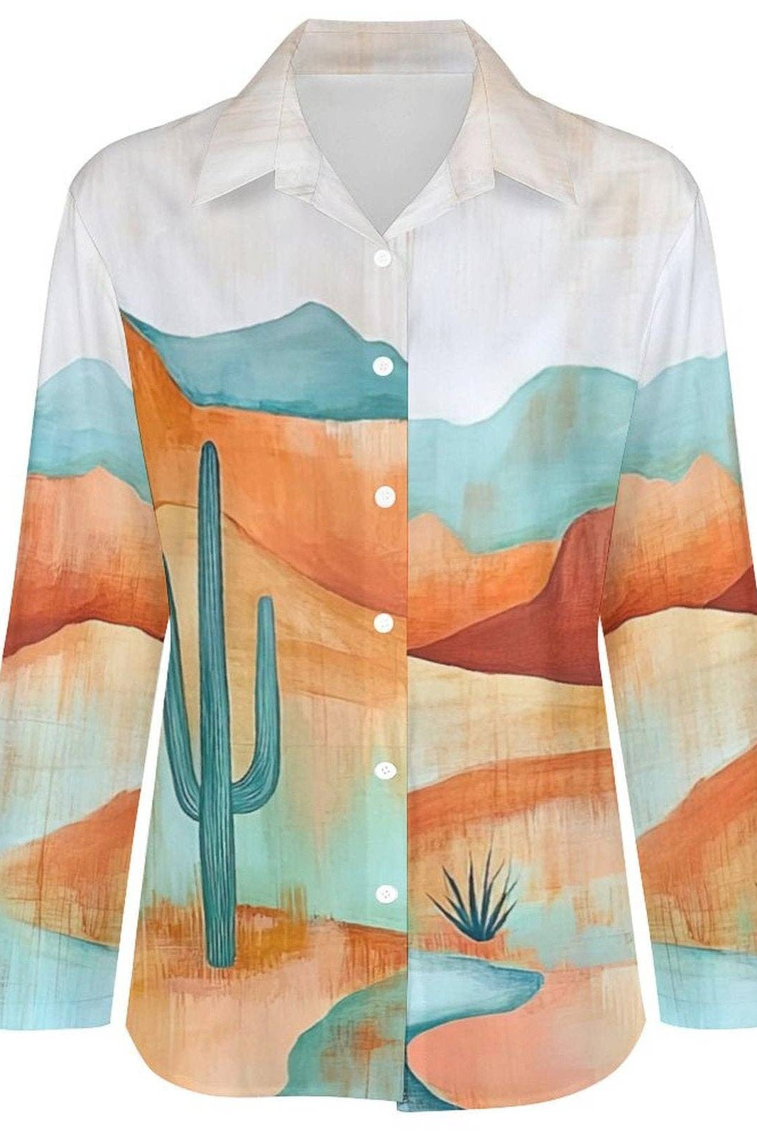 Shirt with desert landscape and cactus design on a white background