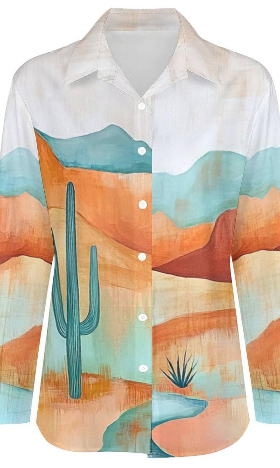 Shirt with desert landscape and cactus design on a white background