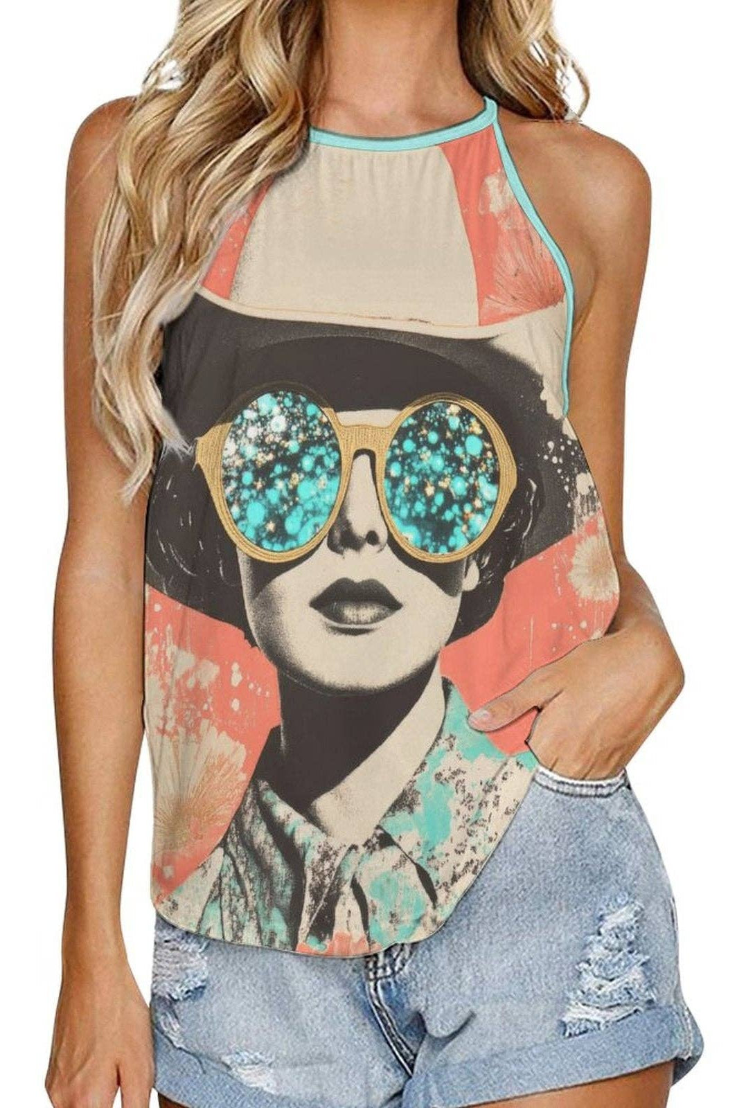 Tank top with a graphic design of a woman wearing sunglasses on a white background
