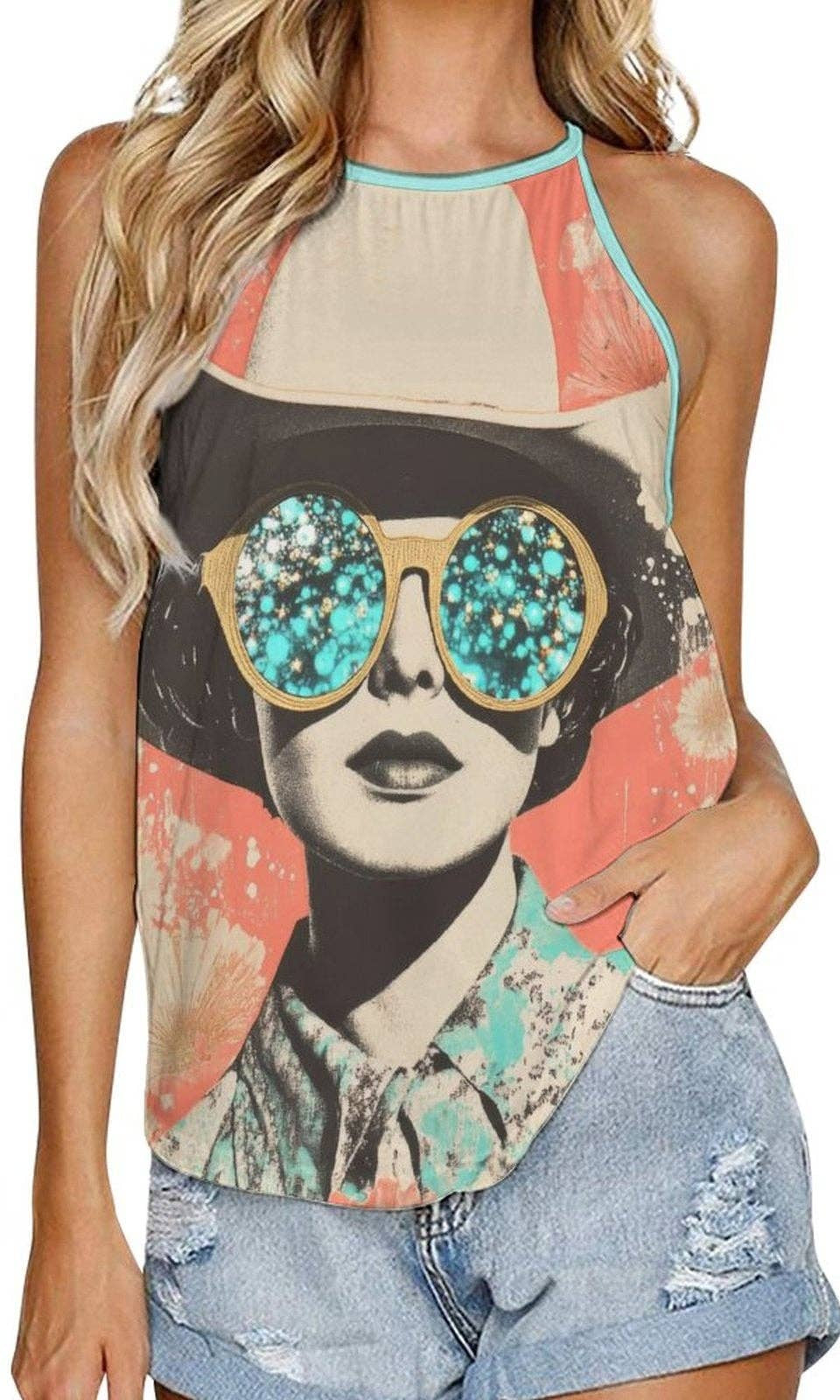 Tank top with a graphic design of a woman wearing sunglasses on a white background