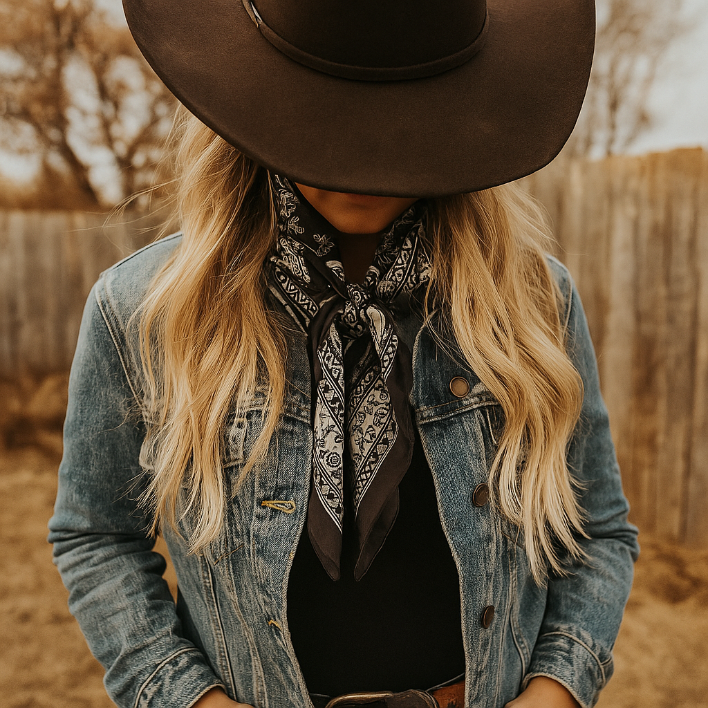 Person wearing a denim jacket, black and white scarf, and brown hat in a natural setting