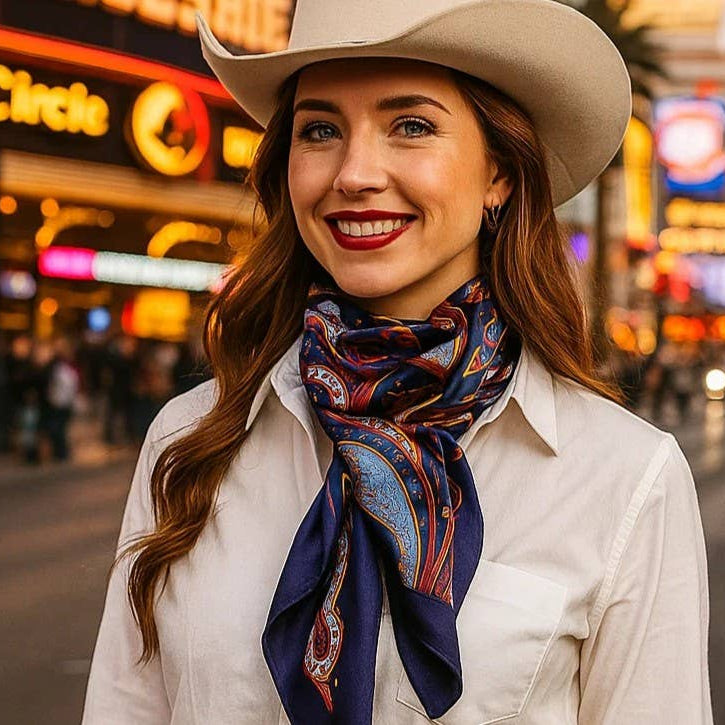 Woman wearing a cowboy hat and colorful scarf in an urban setting with neon lights.