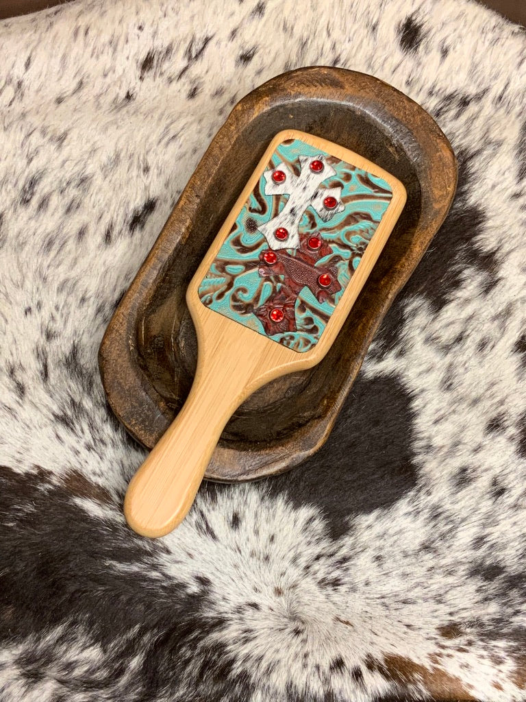 Wooden paddle hairbrush with handcrafted leather
