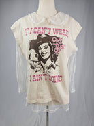 T-shirt with graphic design and text on a mannequin against a gray background