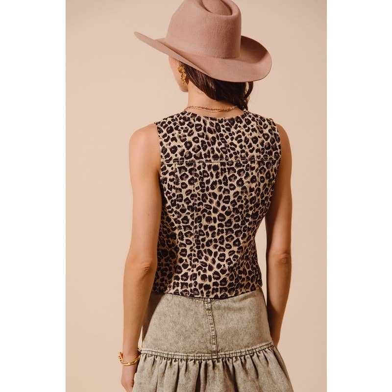 The Lioness Vintage Denim Leopard Print Button Up Vest – Copper